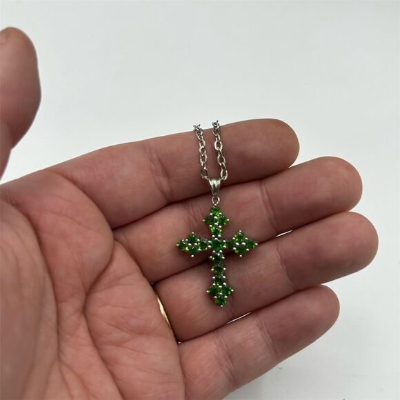 Gold Toned Cross Necklace Green Rhinestone Pendant - Picture 2 of 3